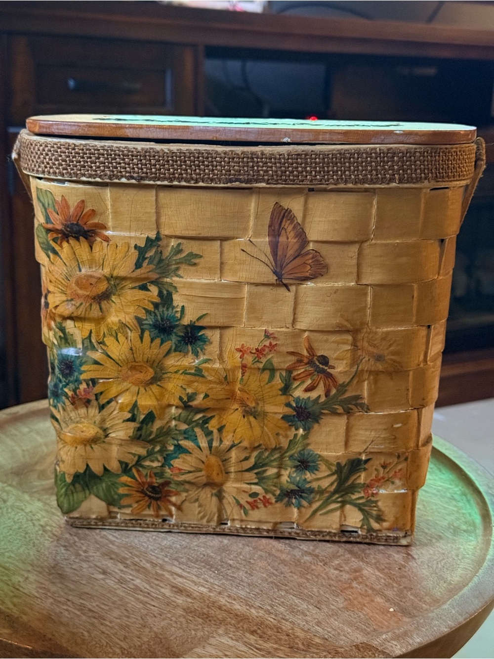 Vintage 70’s Yellow Floral Woven Storage Basket purse with Butterfly Accent lid